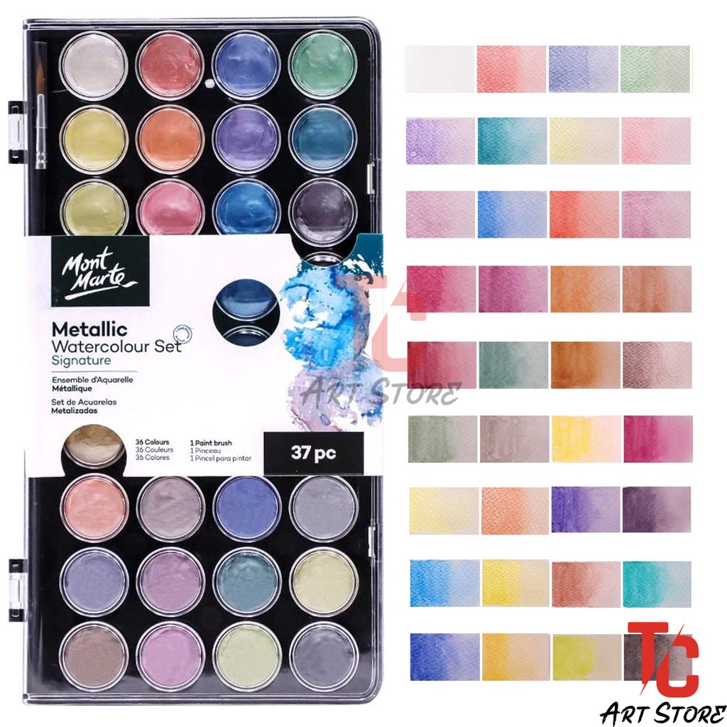 Bộ Màu Nước Nén DẠNG NHŨ Mont Marte – Kèm 1 cọ và Giếng trộn pha màu tương ứng (METALLIC WATERCOLOUR SET )