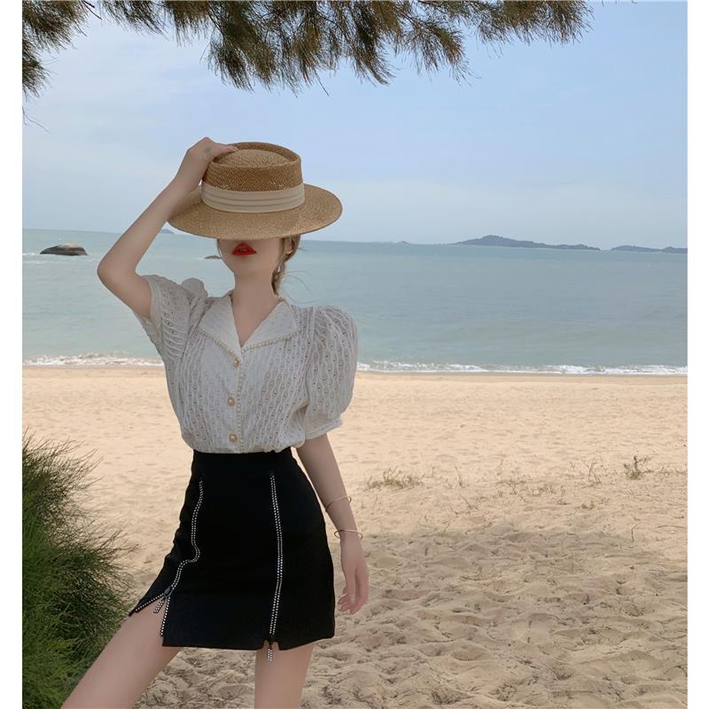 Áo Thun polo Tay Phồng Đính Hạt Phong Cách Phương Tây Thời Trang Mùa Hè Mới Cho Nữ