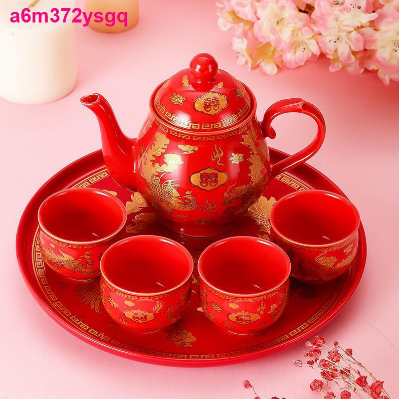 Chén trà vua đỏ Trung Quốc Bộ ấm cưới gốm sứ sáng tạo Quà tặng đám Tất cả màu phù hợp