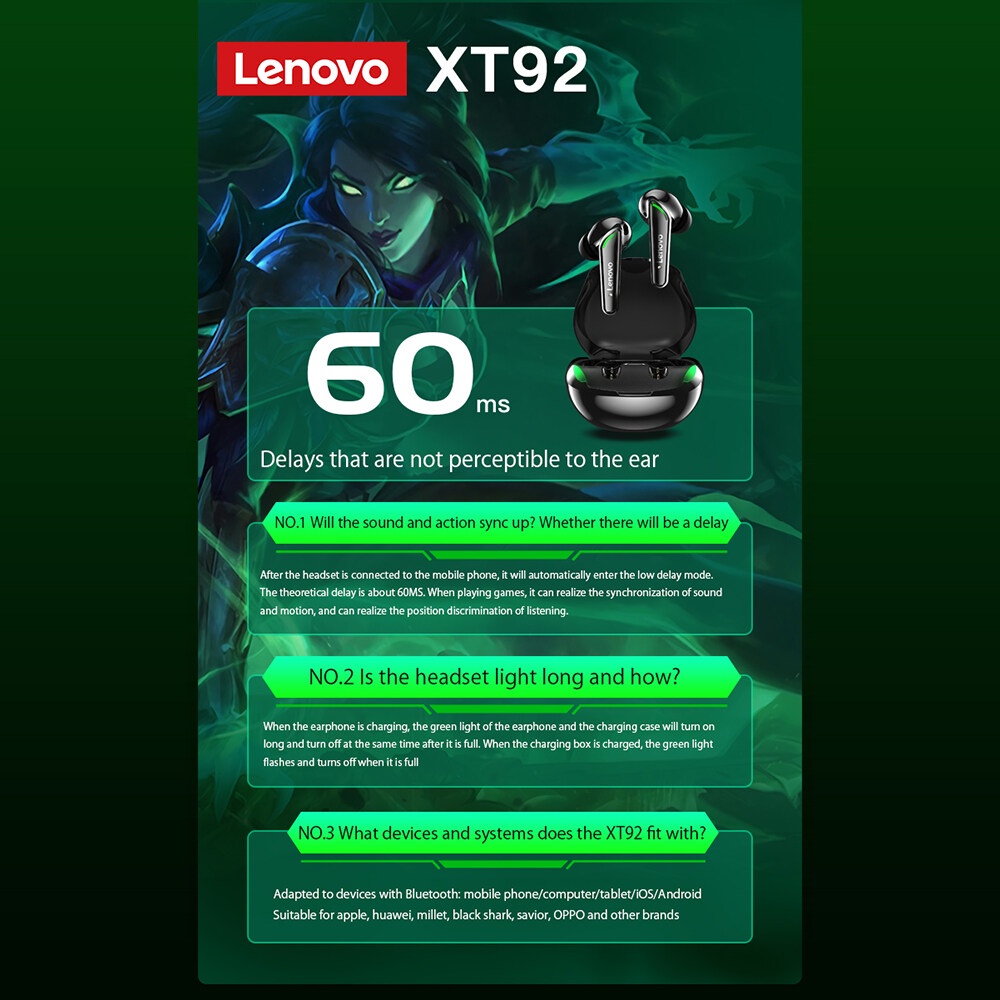 Tai Nghe Bluetooth 5.1- Chơi Game Chuyên Nghiệp - Lenovo LivePods XT92 Chính Hãng  - Game Mode -Bảo Hành 1 Năm.