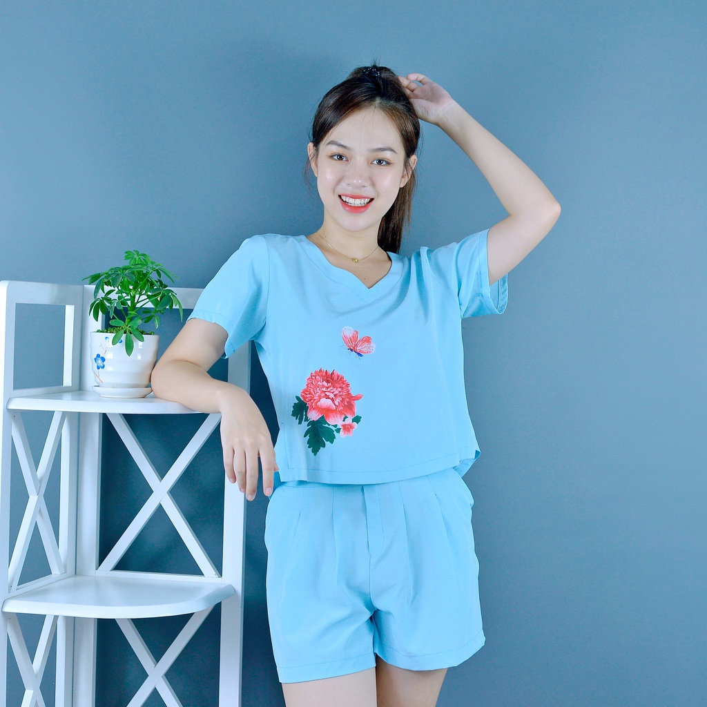 Bộ đồ nữ MÀU XANH NGỌC IN HOA CỰC XINH  - vải lụa cao cấp - Lịch sự - Quý phái