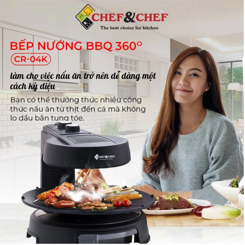 BẾP NƯỚNG ĐIỆN KHÔNG KHÓI CHEF&CHEF BBQ TỰ XOAY BẢO HÀNH 12 THÁNG