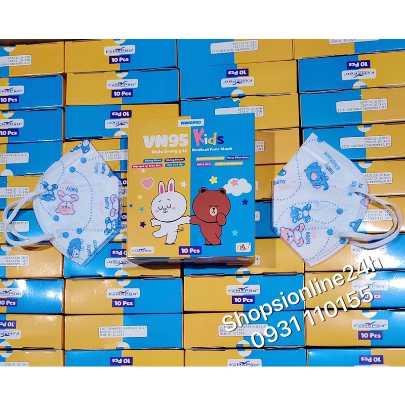 ✅ Hộp 10 cái khẩu trang cho trẻ em N95 , VN95 Famapro Nam Anh Hoạ tiết Gấu Xanh | BigBuy360 - bigbuy360.vn