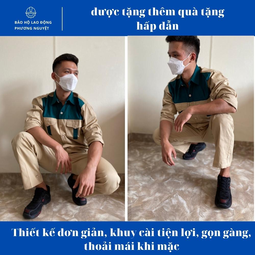 Quần áo bảo hộ lao động be vàng phối xanh két vải kaki 3/1 dày dặn, may đẹp may kĩ, không bai, không xù, không dão