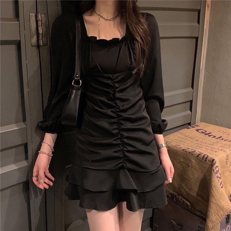 SẴN🖤Đầm xoè rúm đuôi cá|Đầm ulzzang tiểu thư tay dài cổ vuông bèo xinh xắn+ảnh thật
