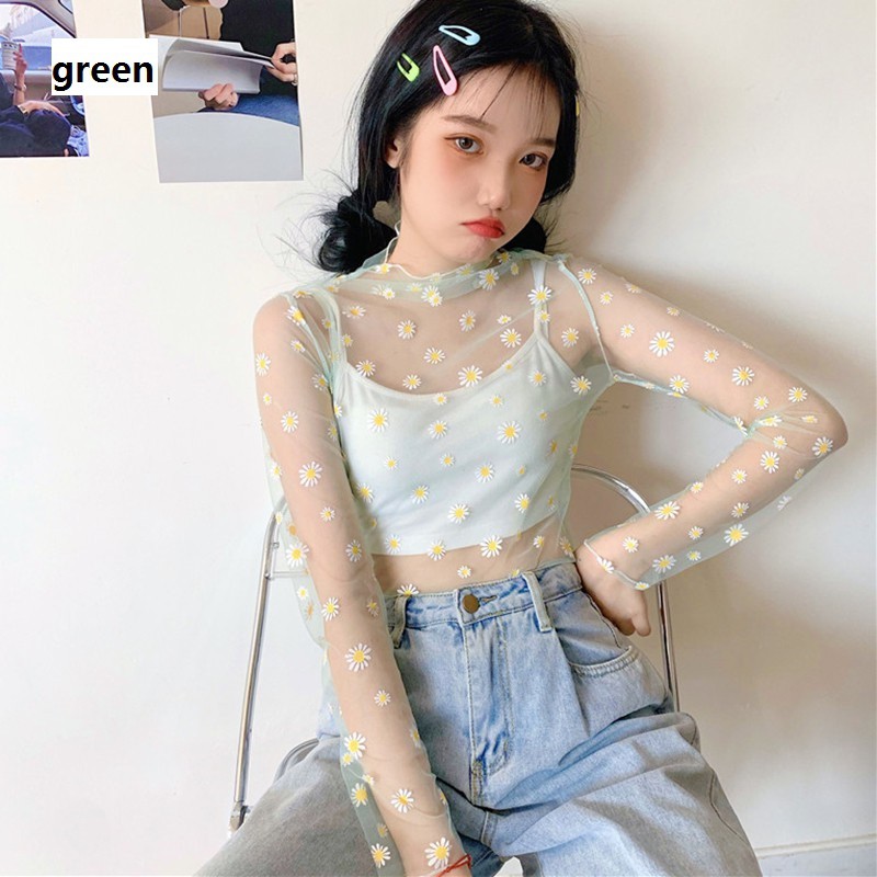 Áo T-shirt dạng lưới in hình hoa cúc nhỏ thời trang mùa hè dành cho nữ