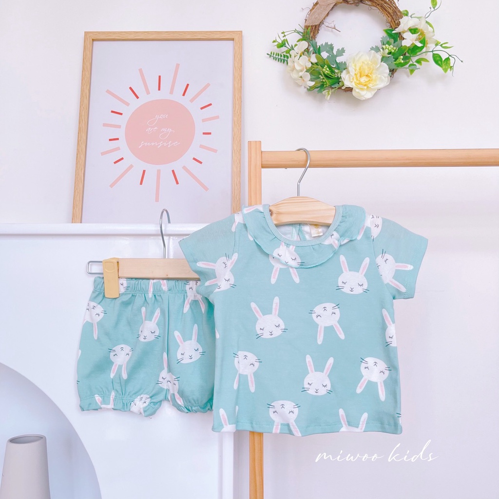 Bộ cộc tay Miwoo cổ bèo hoạ tiết dễ thương cho bé đi chơi, đi học