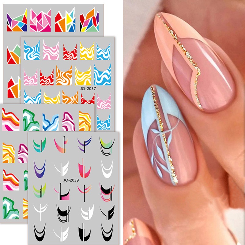 Set 12 Miếng Dán Móng Tay Tự Dính Họa Tiết Kẻ Sọc Lượn Sóng Kiểu Pháp