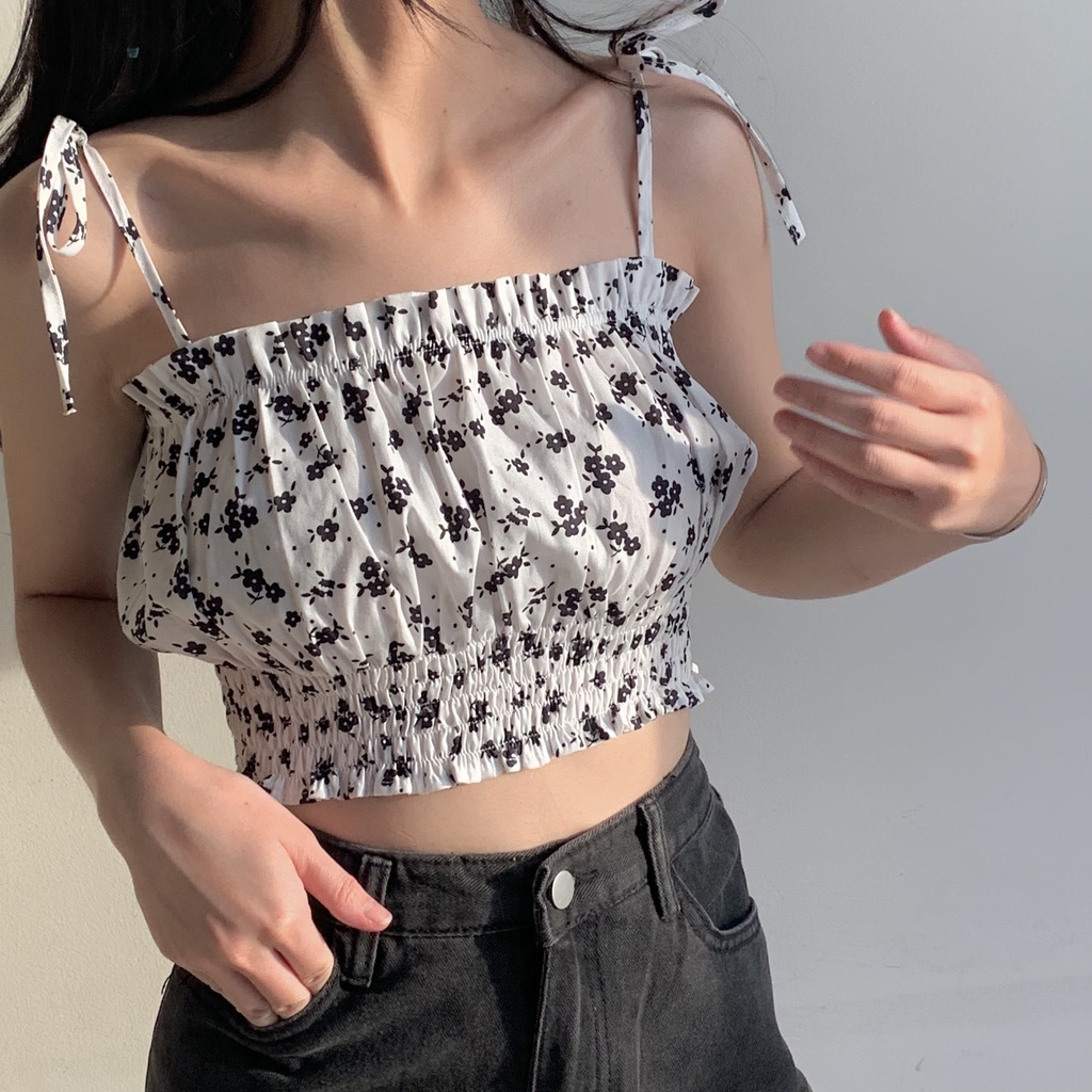 Áo hai dây nữ dáng ngắn nơ vai vải hoa mềm siêu xinh TKA330 LOLLIE STUDIO
