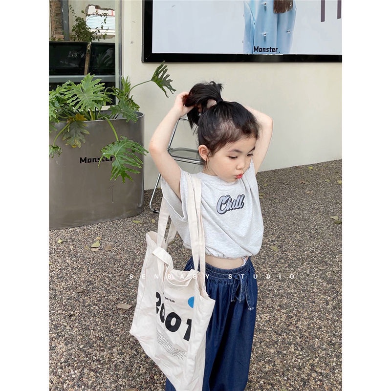 Bộ Áo Thun Tay Ngắn Và Quần Denim Cotton Dáng Rộng Thoải Mái Phong Cách Hàn Quốc Cho Bé Gái