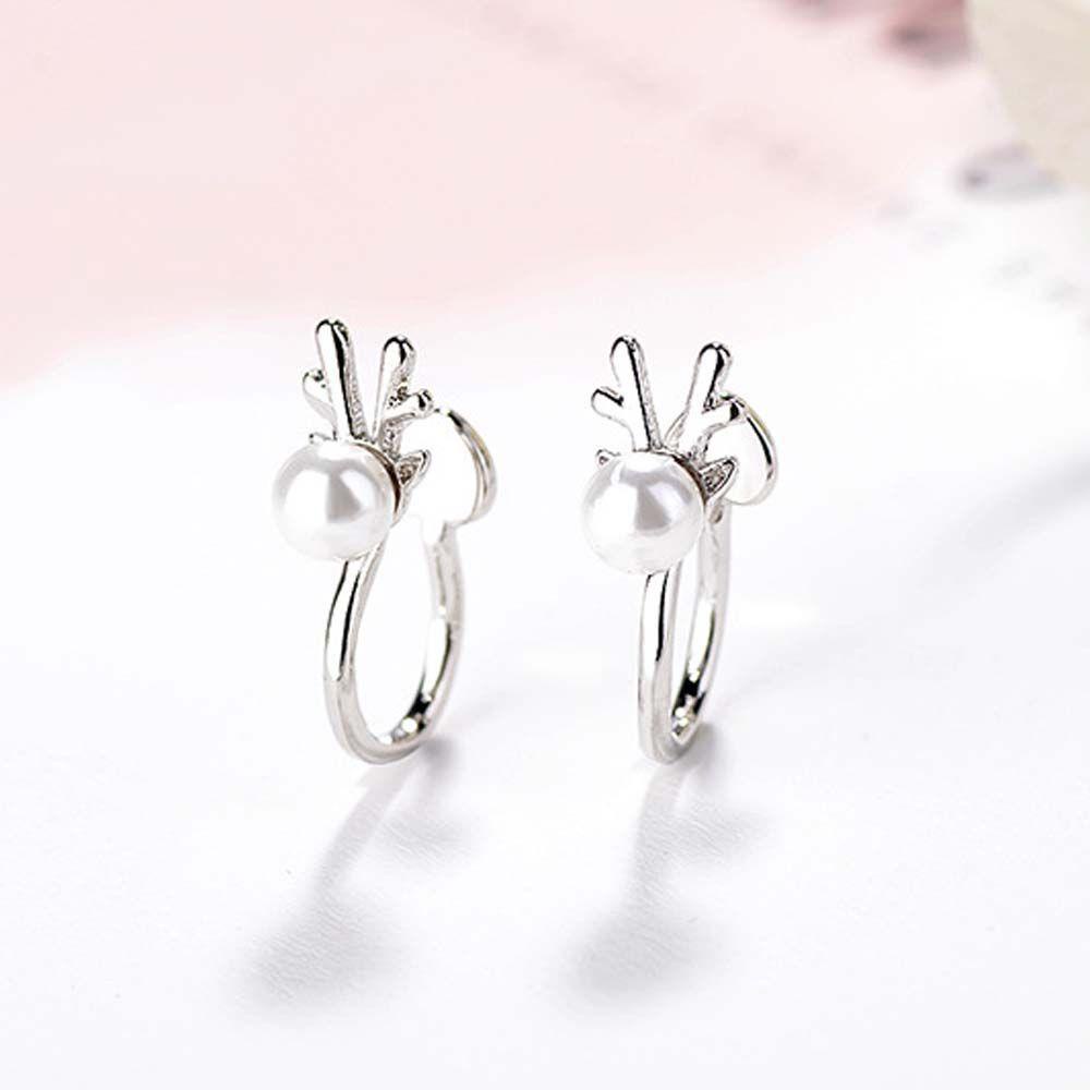 Khuyên Kẹp Sụn Tai Dạng Hạt Ngọc Trai Hình Hươu Nhỏ Màu Bạc / Đỏ / Trắng Phong Cách Hàn Quốc Cho Nữ