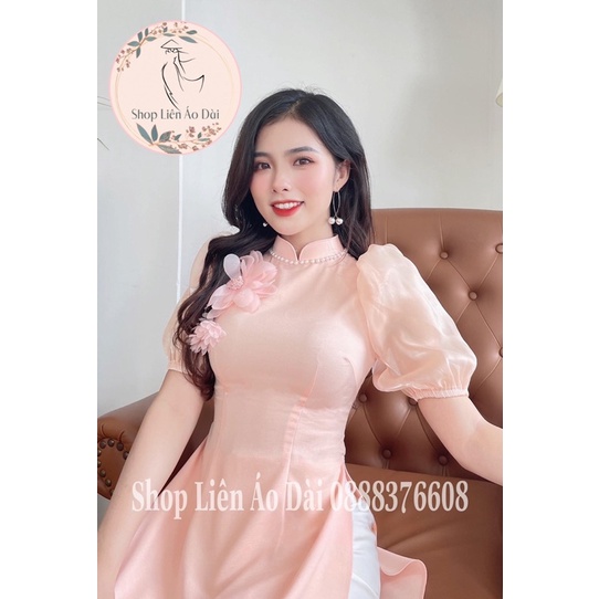 Áo dài cách tân nữ cổ truyền thống tay phối tơ bồng bo, áo dài thiết kế đính hoa nhẹ nhàng, áo dài may sẵn