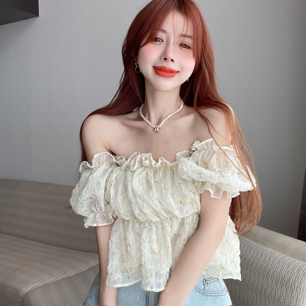 Áo Chiffon Cổ Vuông Tay Ngắn Phồng In Hoa Ngọt Ngào