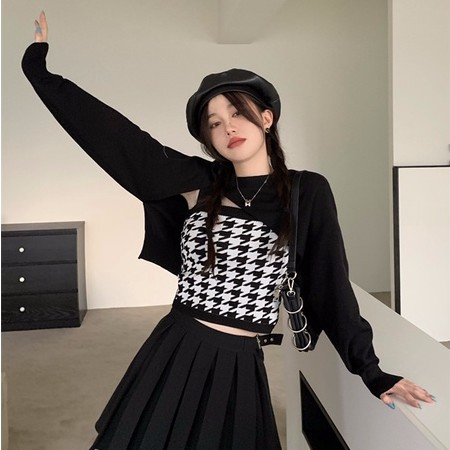 QADCOL Set áo hai dây và áo sweater dệt kim dài tay lệch tà thời trang dành cho nữ (đặt hàng riêng)