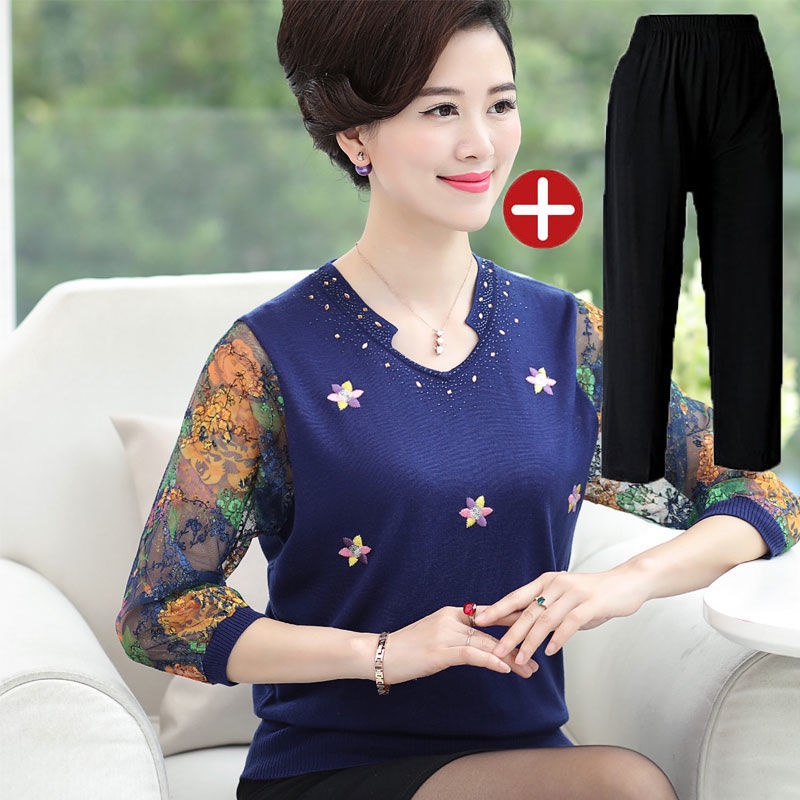 Mẹ mùa xuân áo len dệt kim 40-50 tuổi tay thun phụ nữ trung niên và cao hè hai mảnh hàng đầu