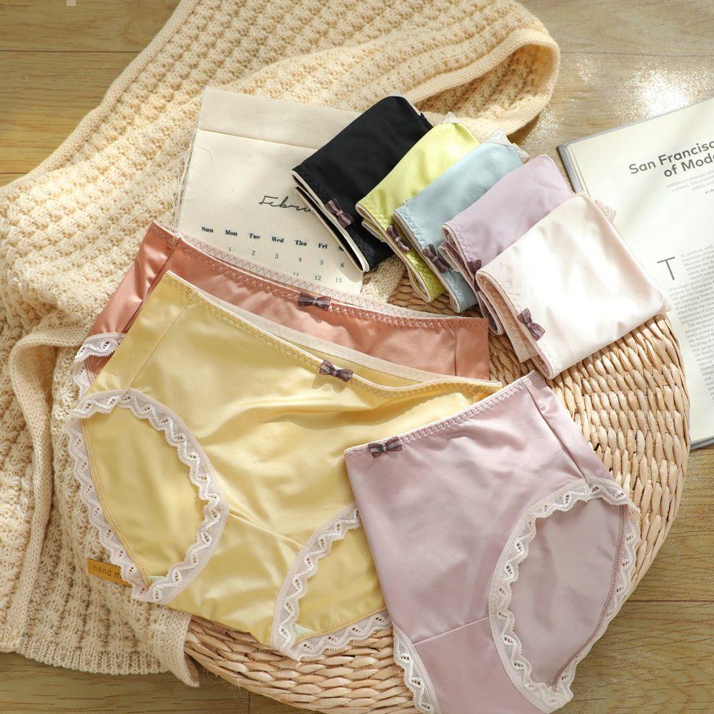 Quần Lót Satin Phối Ren Thoáng Khí Màu Sắc Thời Trang Dành Cho Nữ