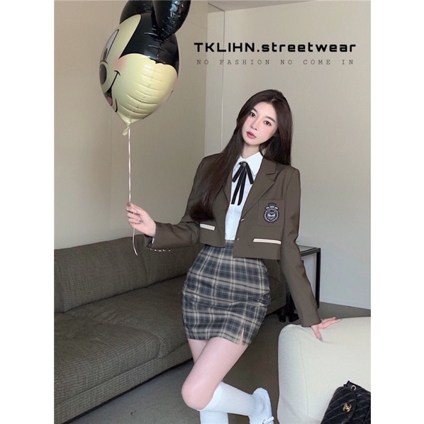 TKLIHN Set váy VEST nữ sinh HÀN QUỐC ulzzang áo khoác Blazer + chân váy kẻ caro retro 2021