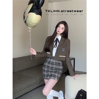 Tklihn set váy vest nữ sinh hàn quốc ulzzang áo khoác blazer + chân váy kẻ caro retro 2021