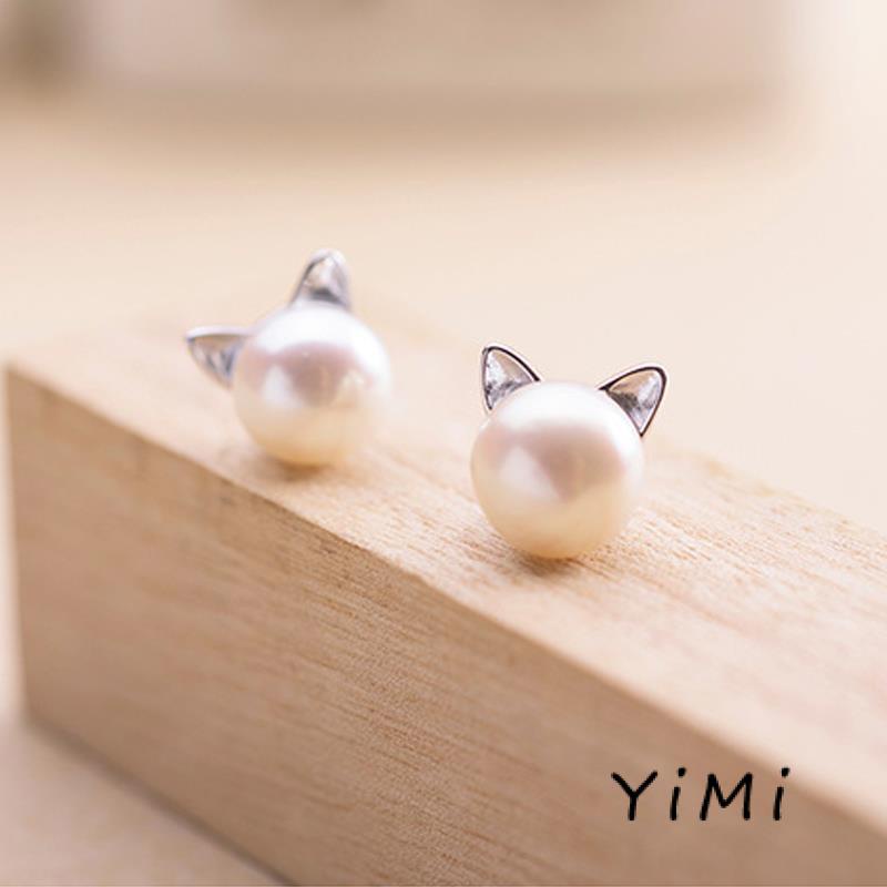 Bông Tai Bạc 925 Hình Tai Mèo Đính Ngọc Trai Dễ Thương Cho Nữ