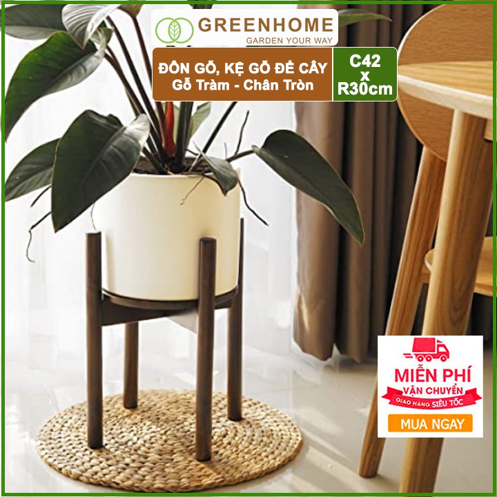 [FREESHIP 70K] Đôn gỗ, kệ kê chậu cây nội thất bằng gỗ Tràm màu Nâu chân Tròn C42xR32cm- 🎁 Tặng kèm dĩa lót D27cm🎁