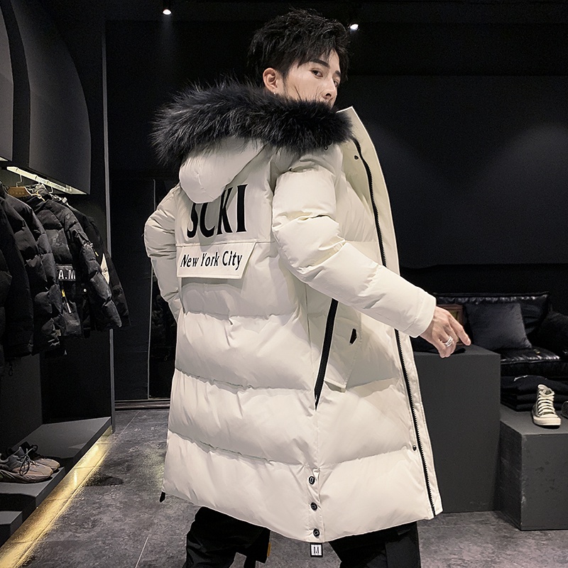 Áo phao nam đại hàn mũ lông dáng dài hàng quảng châu siêu dày