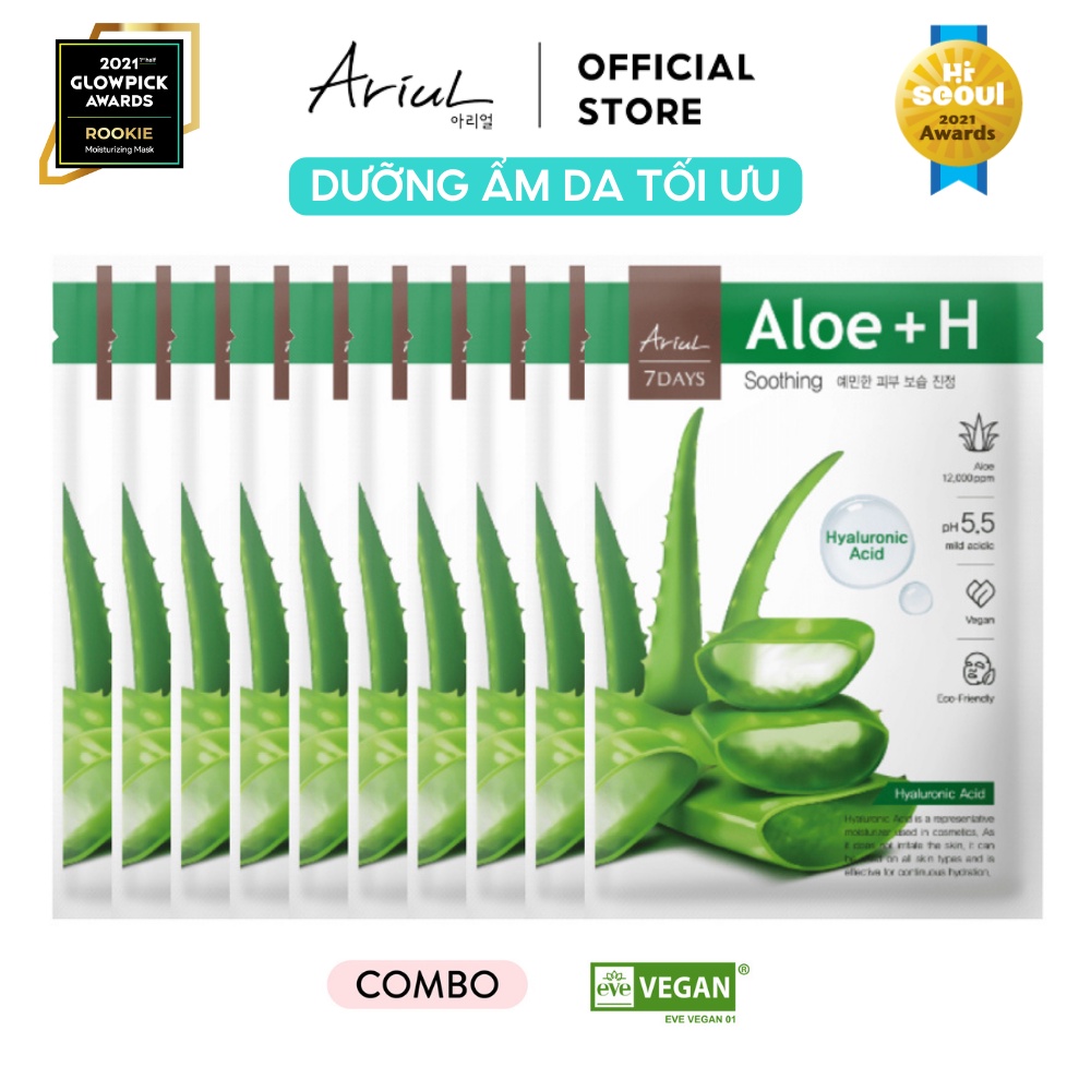 Combo 10 mặt nạ ARIUL 7 Days Lô Hội ALOE + Hyaluronic Acid 23ml