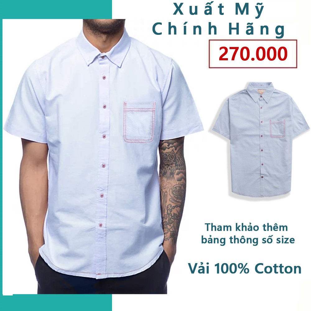 [Mã SKAMAP6 giảm 8% TỐI ĐA 50K đơn250K] Áo sơ mi tay ngắn viền chỉ nổi, chất iệu Cotton, Xuất dư Chính Hãng - FO76 SHOP