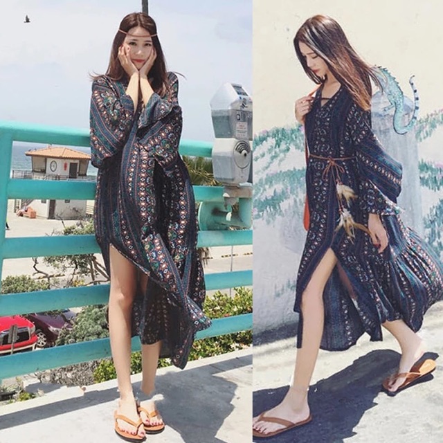 [ẢNH THẬT] Váy boho tặng kèm belt hoạ tiết thổ cẩm xẻ tà chất mát | BigBuy360 - bigbuy360.vn