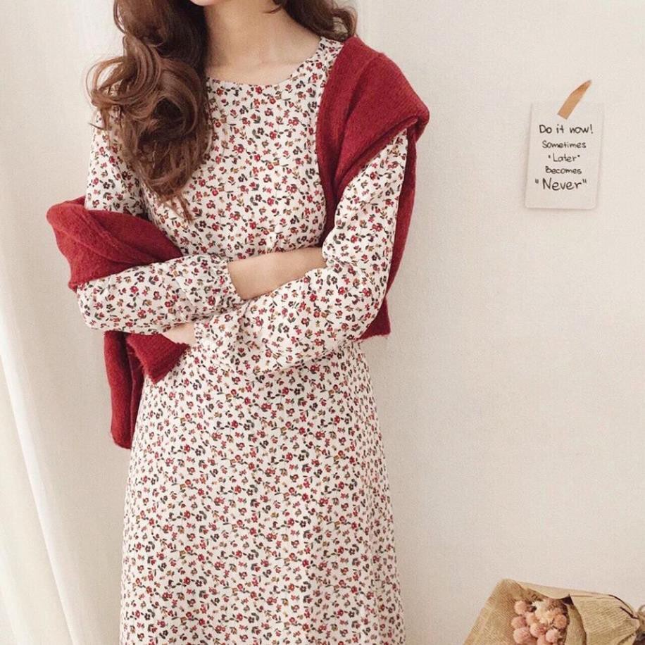 Váy hoa nhí ulzzang cổ tròn body tay dài vintage du lịch biển , Đầm thiết kế body dáng xòe