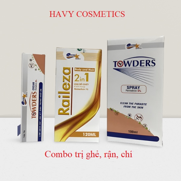 Combo sản phầm ngừa ghẻ rận chấy làm sạch kí sinh trùng khỏi da Towders spray, Towders cream, Raileza