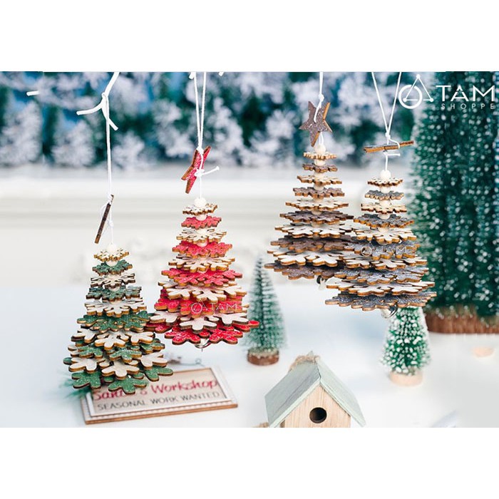 Phụ kiện treo trang trí Noel cây thông xoay bông tuyết gỗ