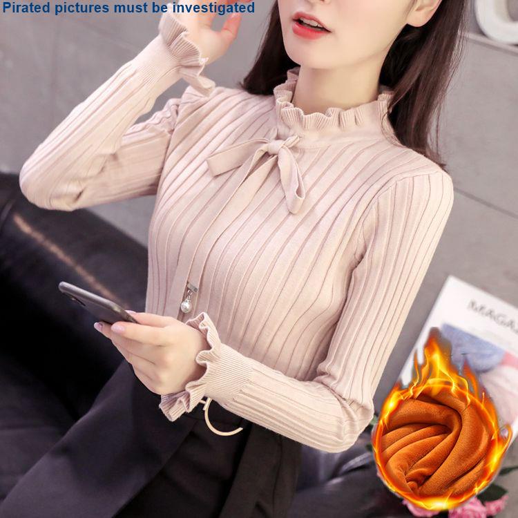 Áo Sweater Dệt Kim Cổ Lọ Tay Dài Dáng Ôm Vải Lông Cừu Lót Lông Cừu Màu Trơn Đính Nơ Nhỏ Phong Cách Hàn Quốc Thời Trang Thu Đông Dành Cho Bạn Nữ