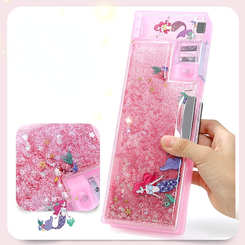 Hộp Đựng Bút Hai Ngăn Bằng Nhựa Họa Tiết Hoạt Hình Lấp Lánh Đa Năng Sáng Tạo Dễ Thương Dành Cho Bé Gái