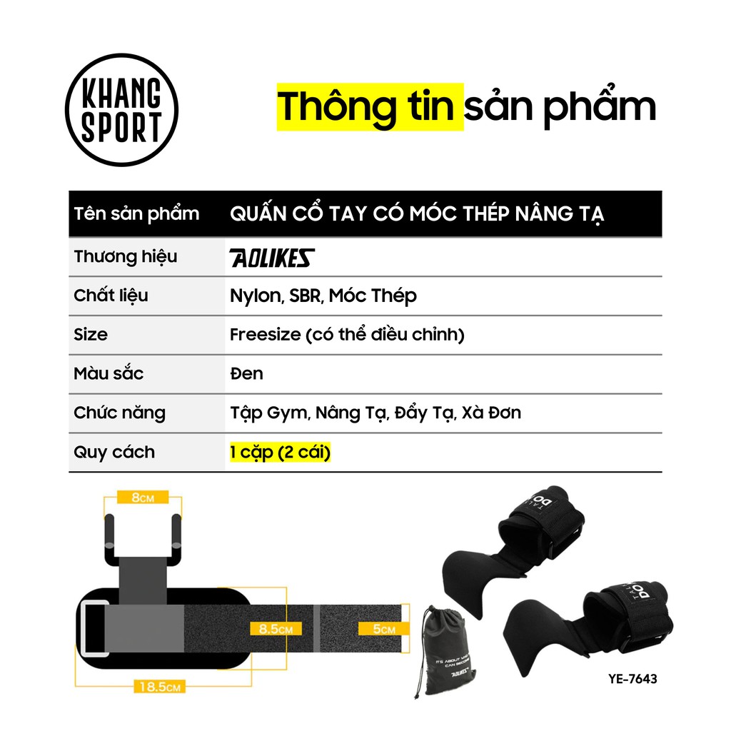 Quấn Cổ Tay Có Móc Thép Aolikes AL-7643 [Tặng Kèm Túi] | Quấn Cổ Tay Móc Thép Nâng Tạ Tập Gym Chính Hãng Cao Cấp