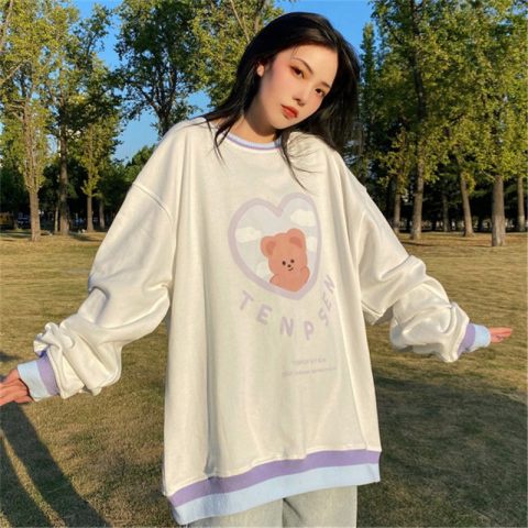 Áo Sweater Cổ Tròn Mỏng Dáng Rộng In Họa Tiết Hoạt Hình Gấu Kiểu Nhật Hàn Thời Trang Xuân Thu Cho Nữ