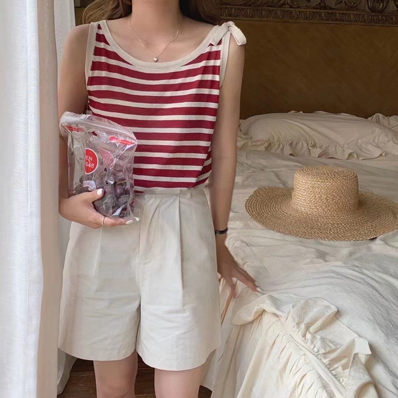 Áo sát nách SUXI dáng ôm kẻ sọc kiểu vintage thời trang mùa hè cho nữ