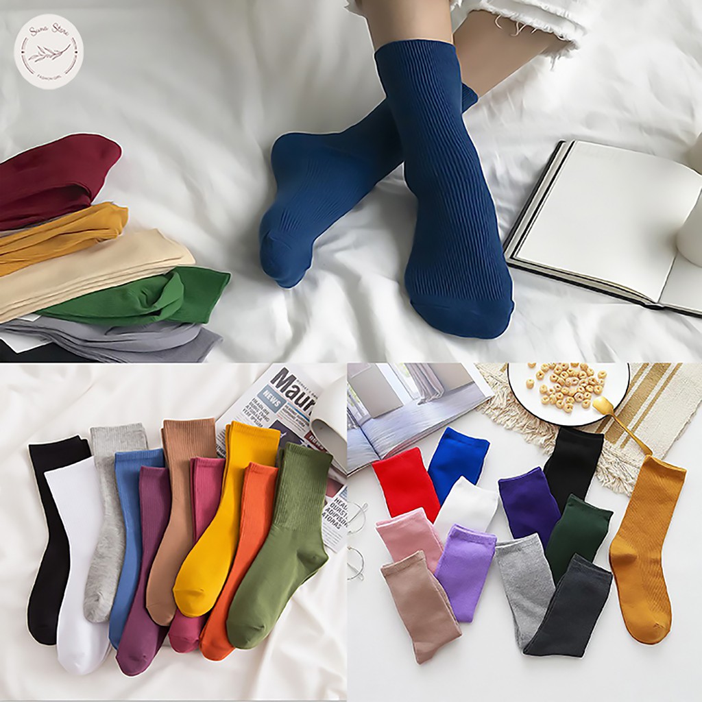 Tất cao cổ nữ Hàn Quốc chất len co dãn, Vớ nữ cổ cao nhiều màu thấm hút mồ hôi SUNA FASHION in