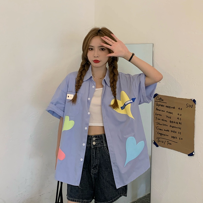 SUXI Áo Sơ Mi Nữ Tay Ngắn Dáng Rộng In Hình Trái Tim Phong Cách Retro