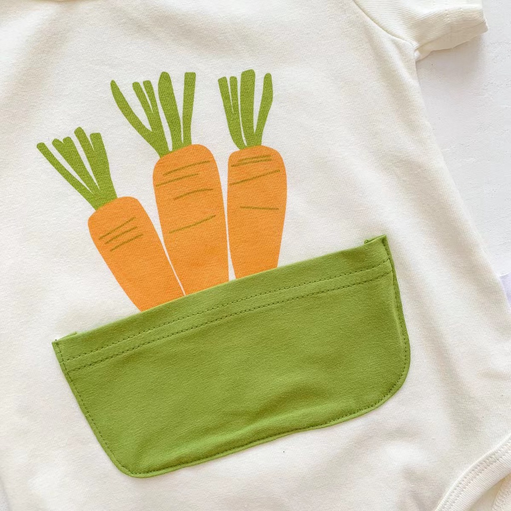 Bộ Áo Liền Quần Cotton Tay Ngắn In Hình Củ Cà Rốt + Mũ Dễ Thương Thời Trang Mùa Hè Cho Bé