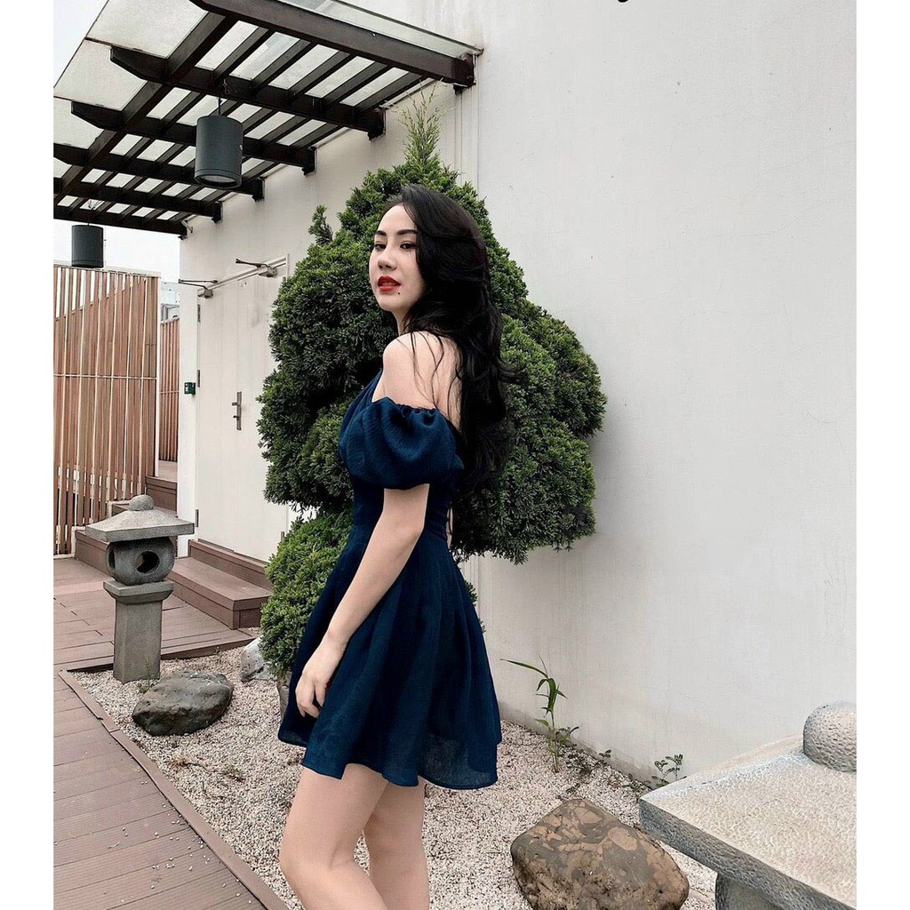 Váy trễ vai chất liệu tơ lụa 2 lớp cao cấp, Đầm nữ cổ yếm tay rớt vai thanh lịch sang trọng, Hàng thiết kế size SM | BigBuy360 - bigbuy360.vn