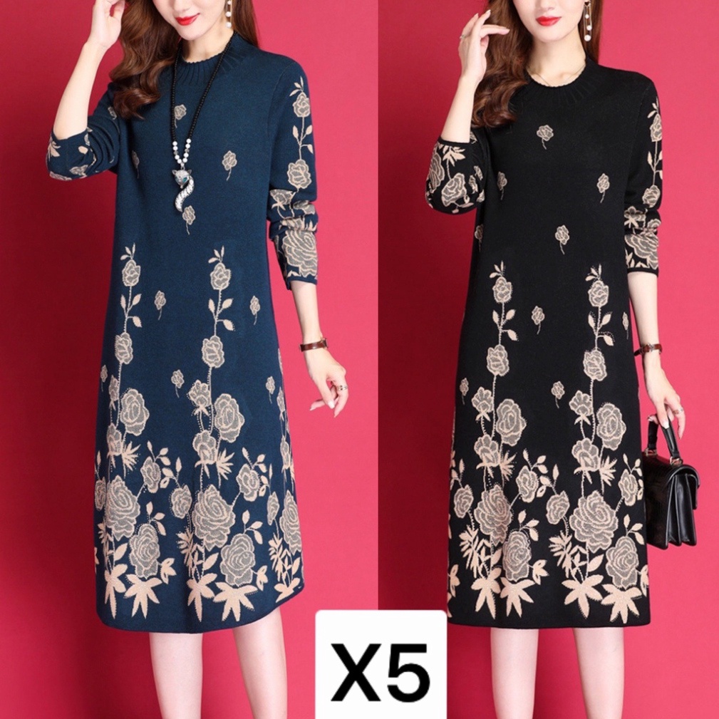 VÁY LEN DÀI DÁNG SUÔNG QUẢNG CHÂU, CỔ TRÒN, DÀI TAY