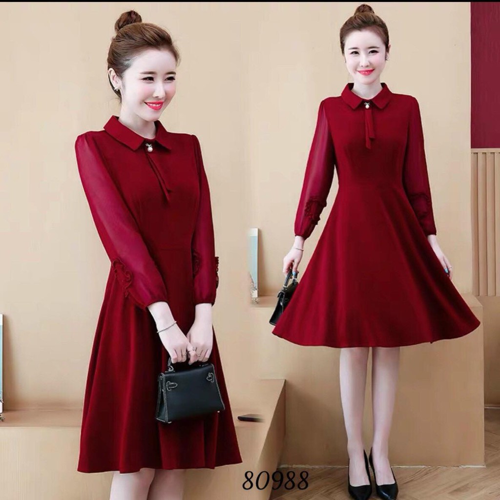 ĐẦM XÒE CÔNG SỞ DÀI TAY ĐÍNH NƠ DỄ THƯƠNG - D14