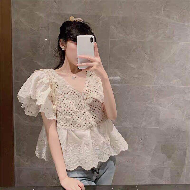 Brroa Áo Thun Dệt Kim Tay Ngắn Cổ Chữ V Phối Bèo Cài Nút Khoét Rỗng Gợi Cảm Mùa Hè Cho Nữ