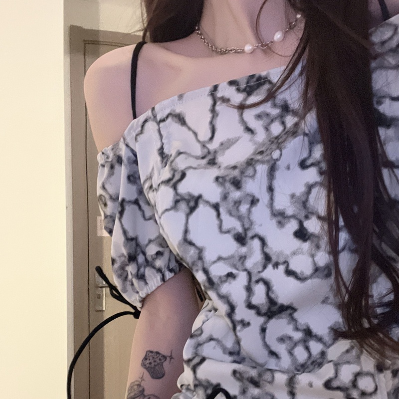 SUXI Áo Sơ Mi Tay Ngắn Trễ Vai Hoạ Tiết In Thời Trang Mùa Hè Cho Phái Nữ