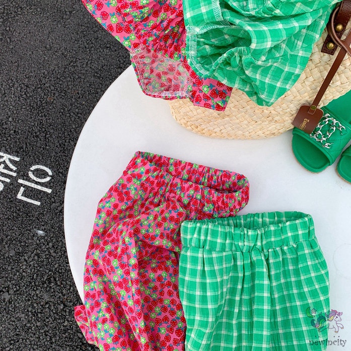 Set Đồ 2 Món Áo Tay Ngắn Họa Tiết Sọc Caro Thời Trang Mùa Hè Phong Cách Hàn Quốc Cho Bé Gái