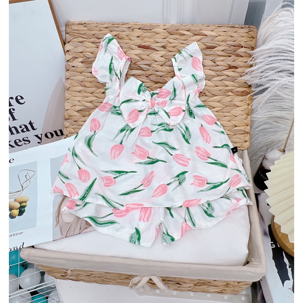 XẢ HÀNG Bộ cộc tay bé gái, bộ đũi áo cánh tiên hoa Tuylip nơ trước ngực cho bé