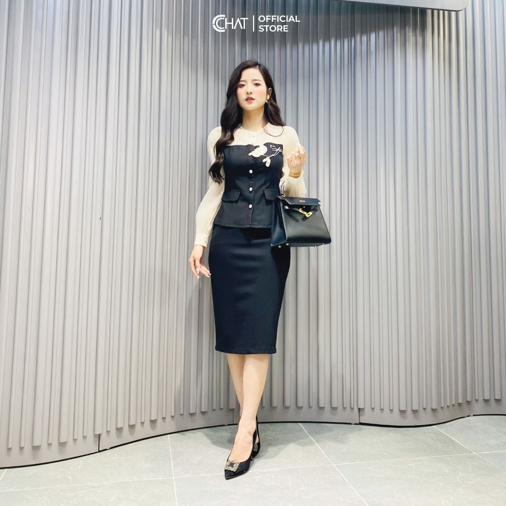 Sơ mi phối đính thêu hoa CCHAT