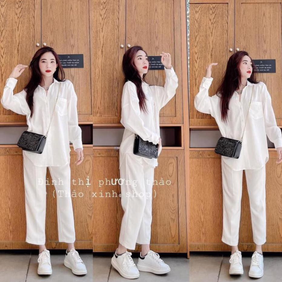 [GIÁ SỐC] Set Sơ Mi Đũi Xanh Be Trắng  Bộ Quần Culottes Suông Ống Rộng Trắng Kèm Áo Sơ Mi Dài Tay