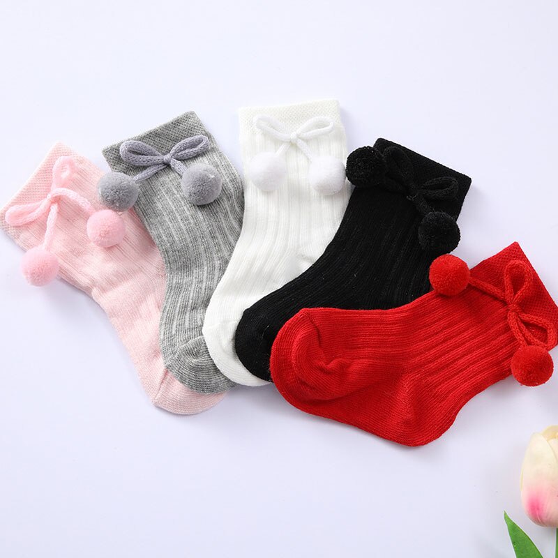 Vớ Cotton Mềm Giữ Ấm Mùa Đông Đính Nơ Và Bóng Lông Hoạt Hình Cho Bé Sơ Sinh