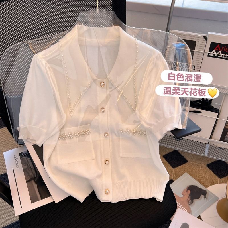 Small fragrance nail bead Polo neck knitted cardigan women's summer thin short sleeve T-shirt French single breasted bubble sleeve top